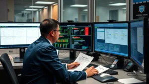 Professional security analyst reviewing classified documents at a secure government workstation with multiple monitors displaying data classification frameworks, secure facility environment with restricted access badge visible