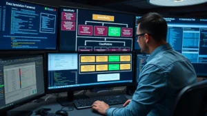 Cybersecurity professional analyzing data classification framework on multiple monitors in secure operations center, displaying sensitivity levels and information protection hierarchies, professional enterprise environment