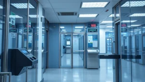 Secure government facility with security badge readers and access control systems, professional cybersecurity environment, no people, photorealistic