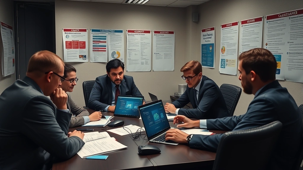 Team of cybersecurity professionals in a secure conference room reviewing classified information protocols, with security classification posters and compliance documentation visible on walls, serious focused atmosphere