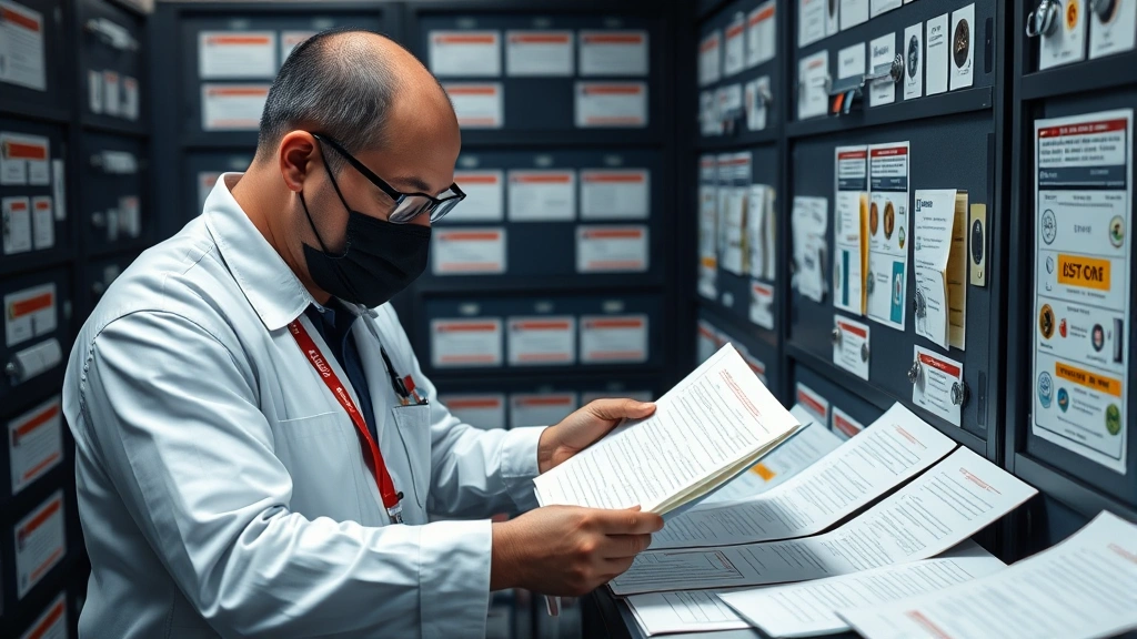 Data protection specialist reviewing classified documents with security stamps and markings, organized filing system with restricted access badges visible, secure facility with controlled entry