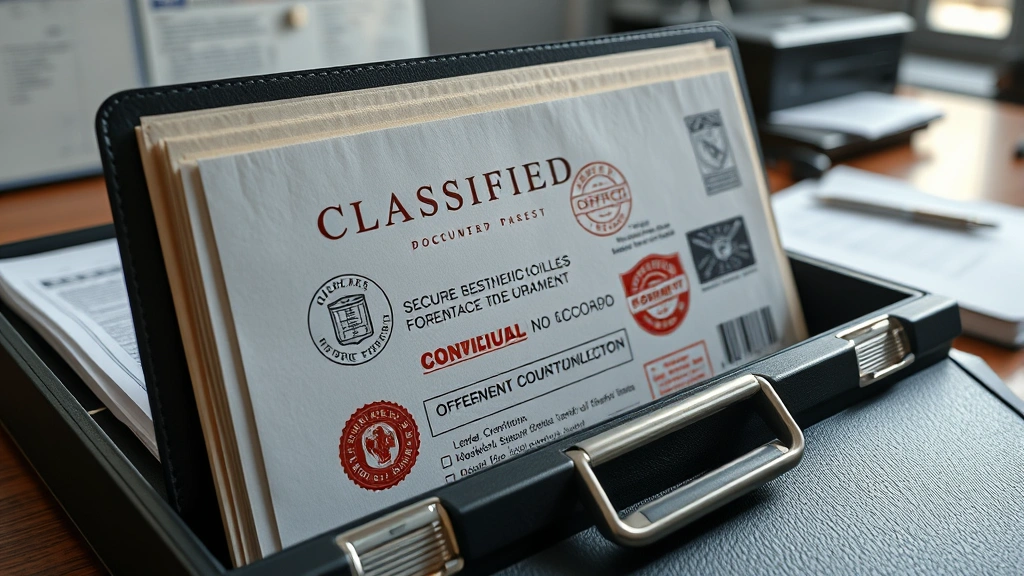 Classified document folder with security markings, confidential stamps, and protective case on a secure desk, close-up detail shot, photorealistic lighting