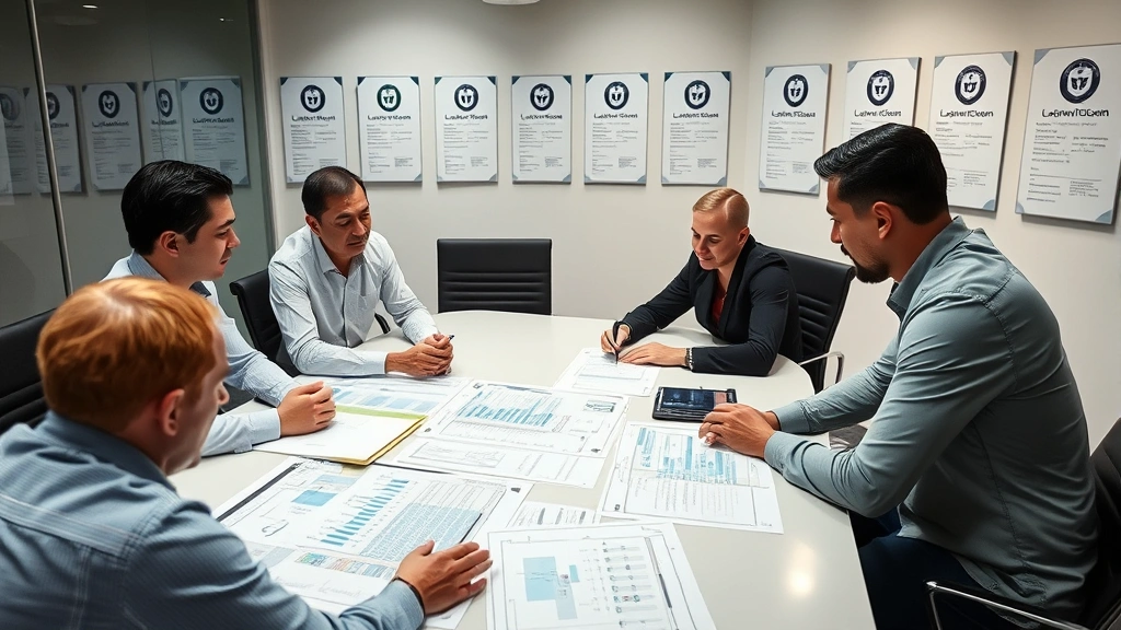 Information security team conducting classification audit with detailed spreadsheets and compliance dashboards, team members in discussion around conference table with security certifications displayed on walls