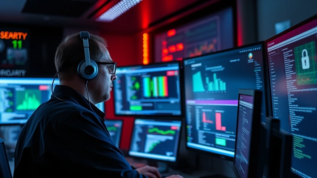 Cybersecurity analyst reviewing security protocols on multiple monitors showing data protection dashboards, secure operations center atmosphere, no readable code or text on screens