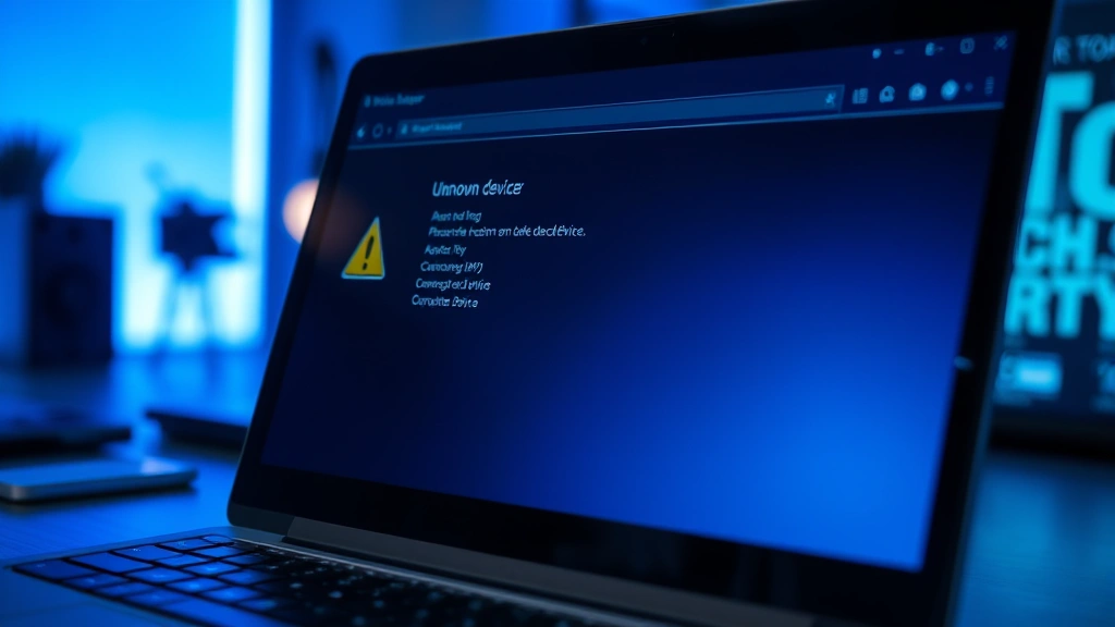 Close-up of a laptop screen displaying Windows Device Manager with a yellow warning triangle next to an unknown device, blue ambient lighting in background, modern tech workspace aesthetic
