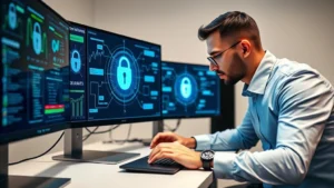 Professional cybersecurity analyst examining digital security protocols on a modern workstation with padlock and shield security icons displayed on monitors, blue and green data visualization elements, neutral background