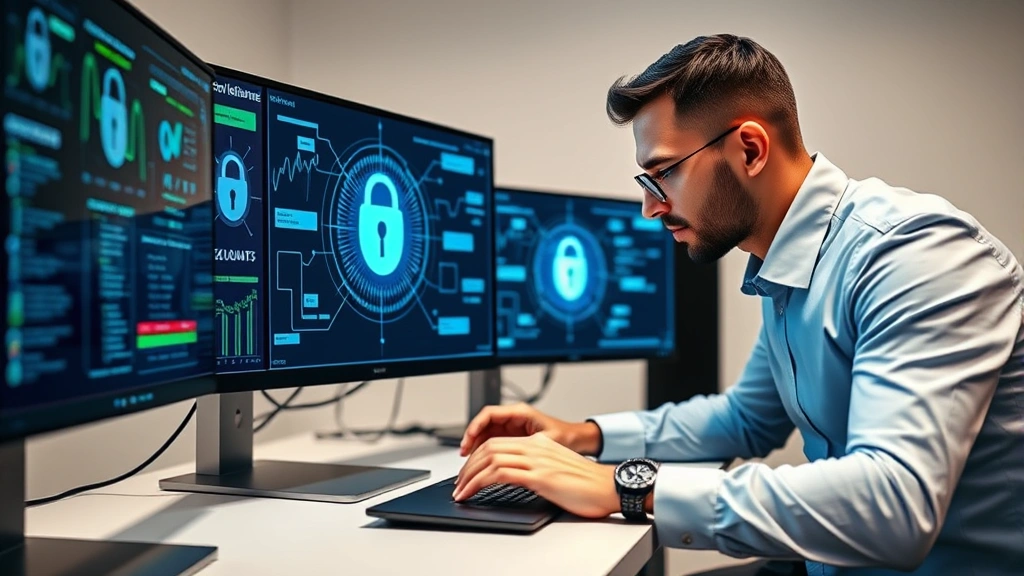 Professional cybersecurity analyst examining digital security protocols on a modern workstation with padlock and shield security icons displayed on monitors, blue and green data visualization elements, neutral background