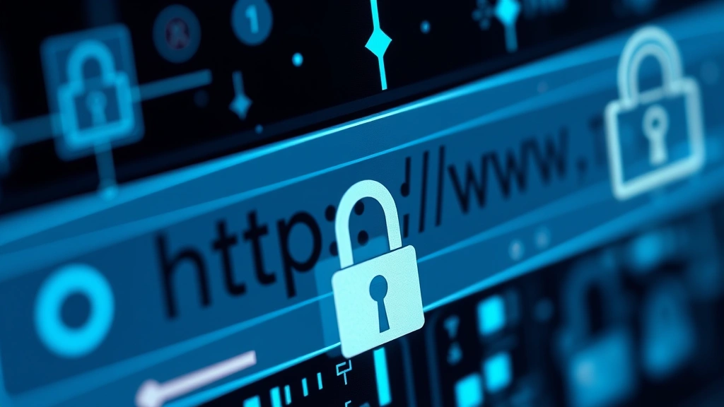 Close-up of browser address bar showing padlock icon and HTTPS protocol, with digital security indicators and encryption symbols floating around, professional technical aesthetic, no text visible