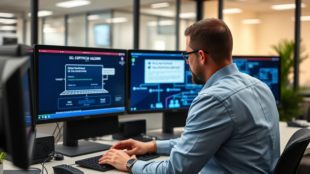 Cybersecurity expert reviewing SSL certificate validation process on multiple screens, showing network security architecture with encrypted data transmission visualization, professional office setting