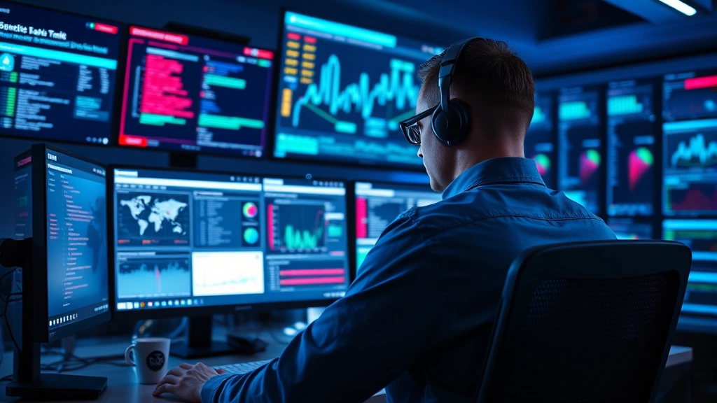 Cybersecurity professional monitoring multiple screens displaying real-time security alerts, network traffic analysis, and threat detection dashboards in a modern security operations center with blue lighting