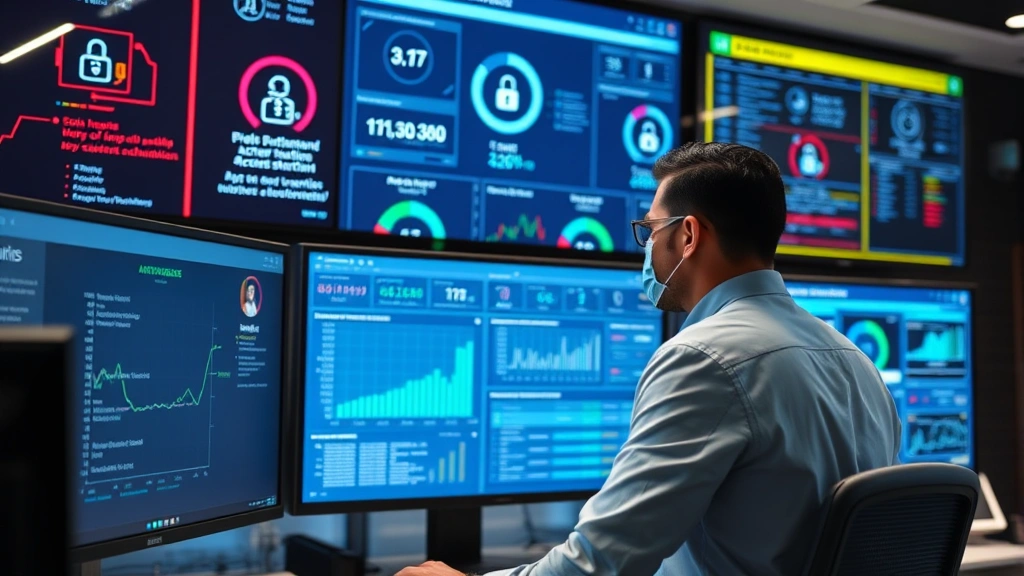 Professional cybersecurity expert monitoring network authentication systems on multiple digital displays in a modern security operations center, showing real-time access control dashboards and security metrics