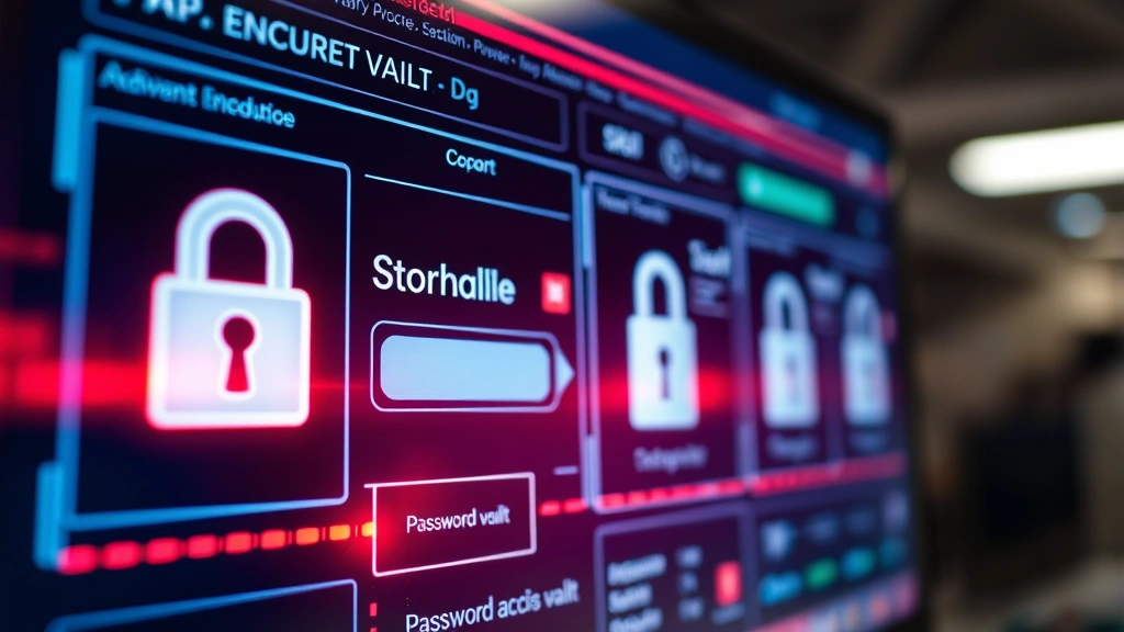 Close-up of secure credential management system with encrypted password vault interface, digital locks, and security tokens displayed on computer screen in corporate environment
