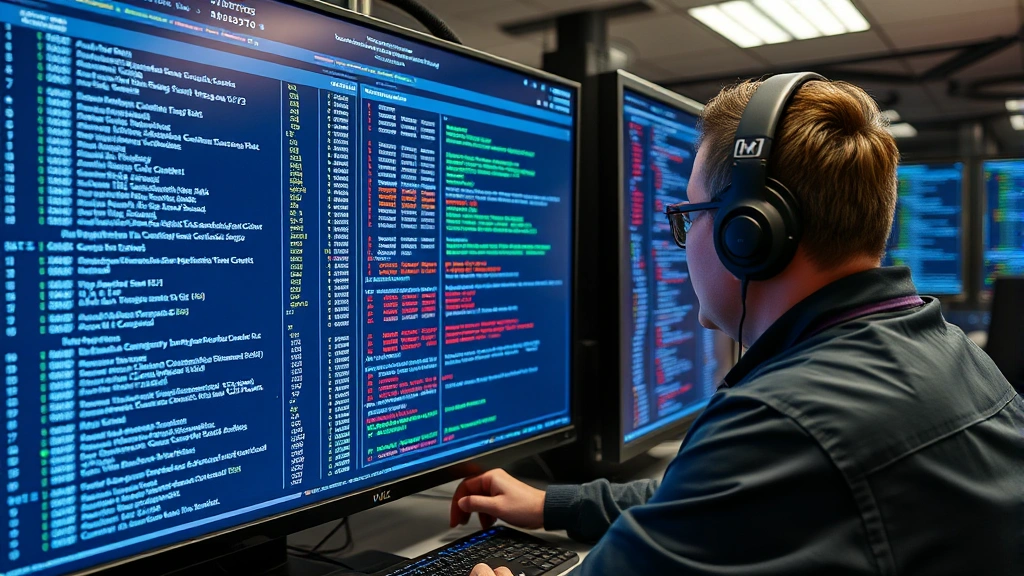Network administrator reviewing detailed audit logs and security event records on large monitor, showing authentication access patterns and authorization decisions in a data center setting