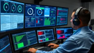 Cybersecurity professional monitoring multiple screens displaying authentication dashboards, access control panels, and real-time security alerts in a modern SOC environment