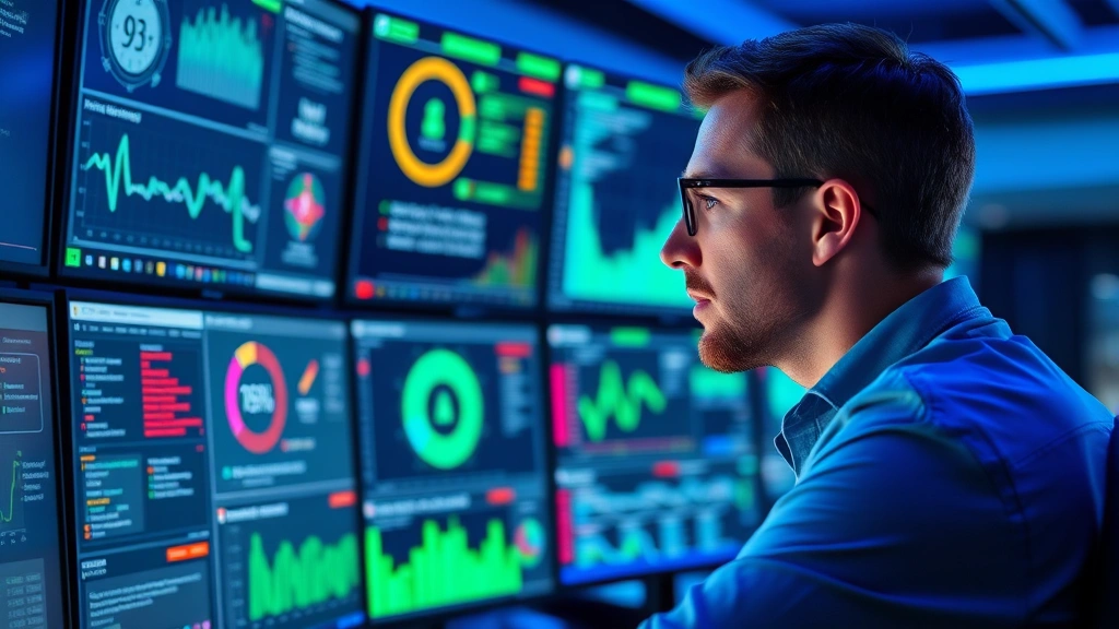 Professional cybersecurity analyst monitoring multiple screens displaying network security dashboards with data visualizations and threat indicators in a modern control center, blue and green ambient lighting, focused expression, no visible code or text on displays