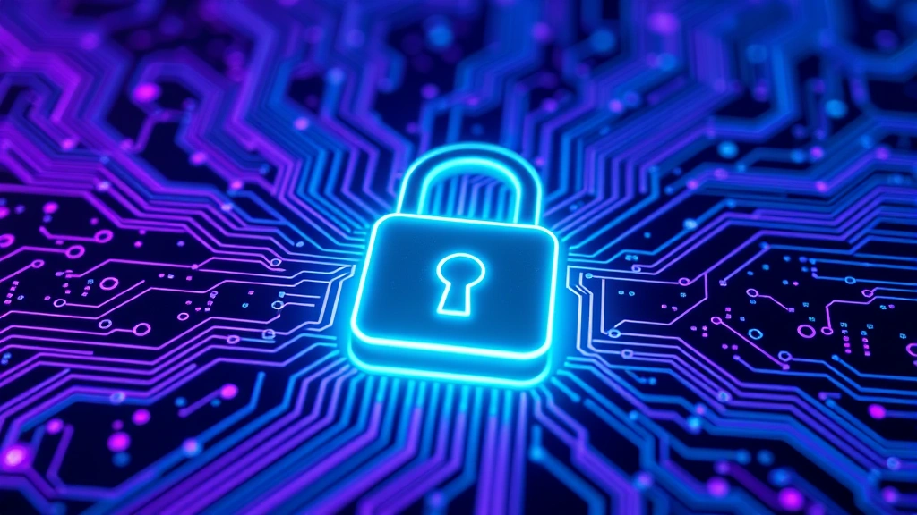 Digital padlock icon overlaid on circuit board patterns with glowing blue and purple neon effects, representing data encryption and network security infrastructure, abstract technological background with flowing data streams