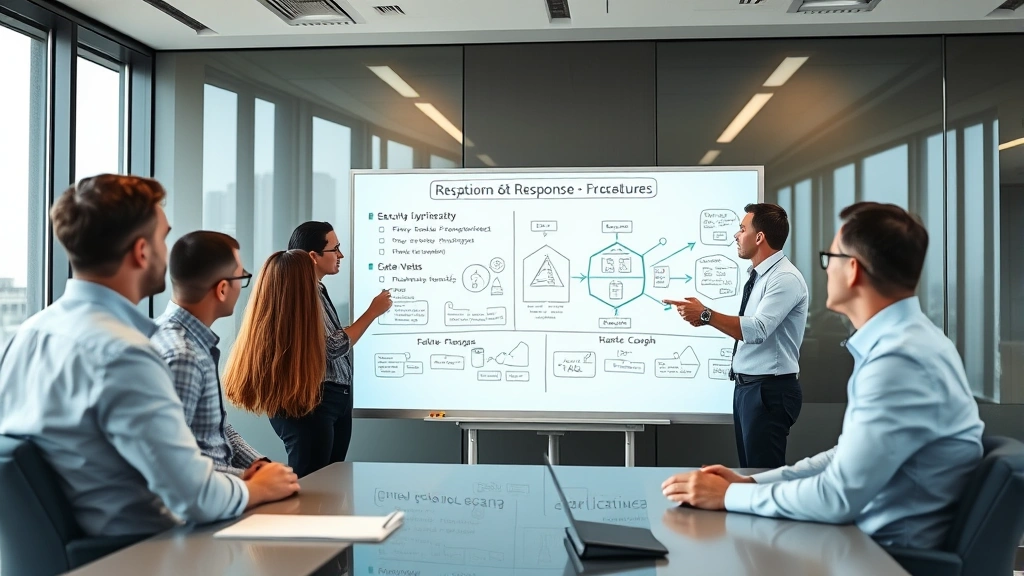 Corporate security team in conference room reviewing incident response procedures on whiteboard, multiple professionals examining network diagrams and security frameworks, collaborative atmosphere demonstrating cyber protection planning and preparation
