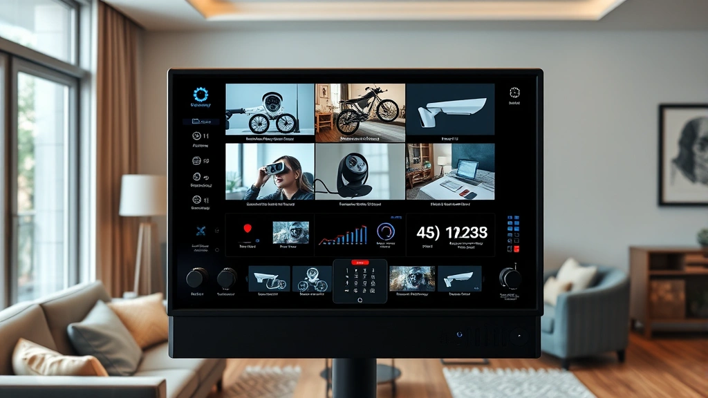 Photorealistic modern home security control panel with multiple screens displaying camera feeds, sensors, and system status indicators in a residential living room environment