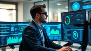 Professional cybersecurity expert at desk with multiple monitors displaying network security dashboards and threat detection systems, blue and green security indicators glowing, modern office environment with soft lighting