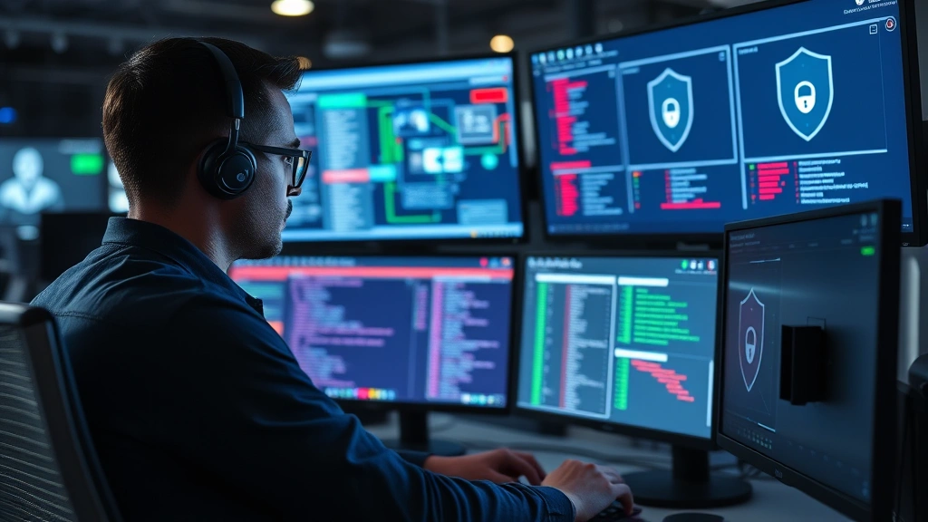Cybersecurity professional analyzing network security on multiple monitors with security alert visualizations, representing home network protection and digital threat detection