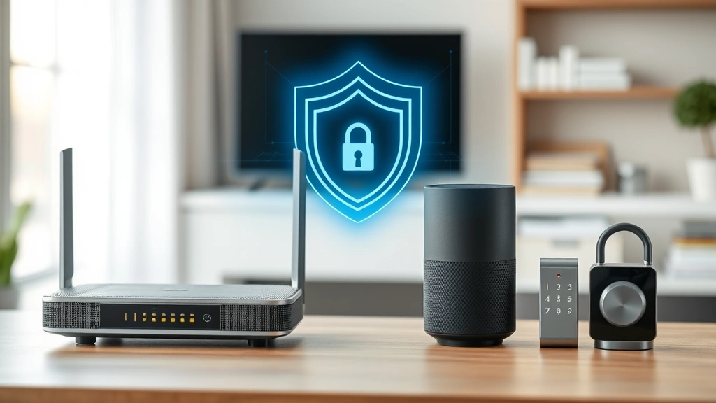 Modern smart home devices including router, smart speaker, and smart lock arranged on a desk with protective shield symbol holographically displayed above them, representing digital protection and network security