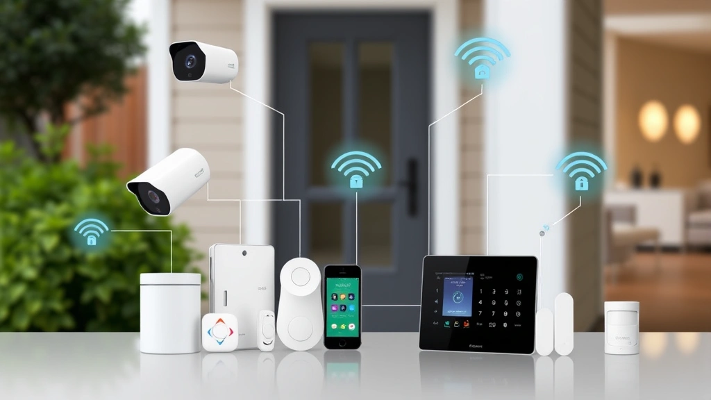 Smart home security ecosystem showing interconnected devices including cameras, smart locks, sensors, and control panel with wireless signal indicators in a residential setting
