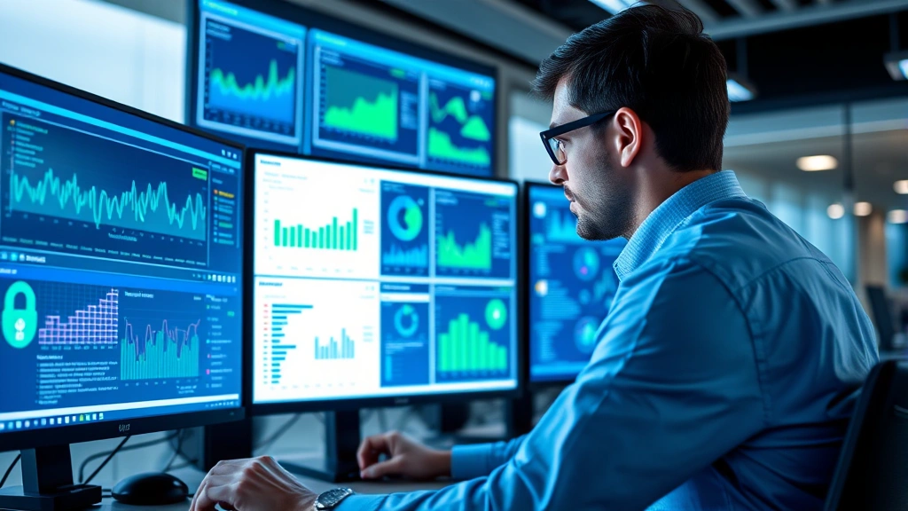 Cybersecurity professional analyzing data on multiple monitors showing graphs and security dashboards, blue and green digital elements, modern office environment, photorealistic