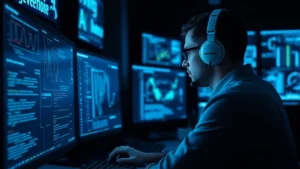 Cybersecurity professional analyzing data breach patterns on multiple monitors, intense focus, dark office environment with blue security interface lighting, photorealistic corporate security operations center
