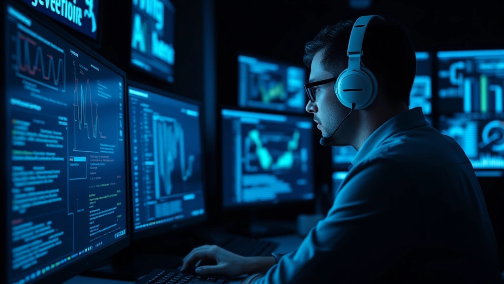 Cybersecurity professional analyzing data breach patterns on multiple monitors, intense focus, dark office environment with blue security interface lighting, photorealistic corporate security operations center