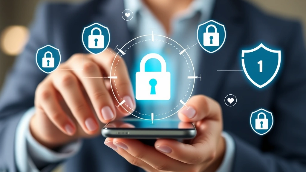 Person using smartphone with padlock and shield security icons floating around, representing mobile device protection and secure authentication, clean modern design