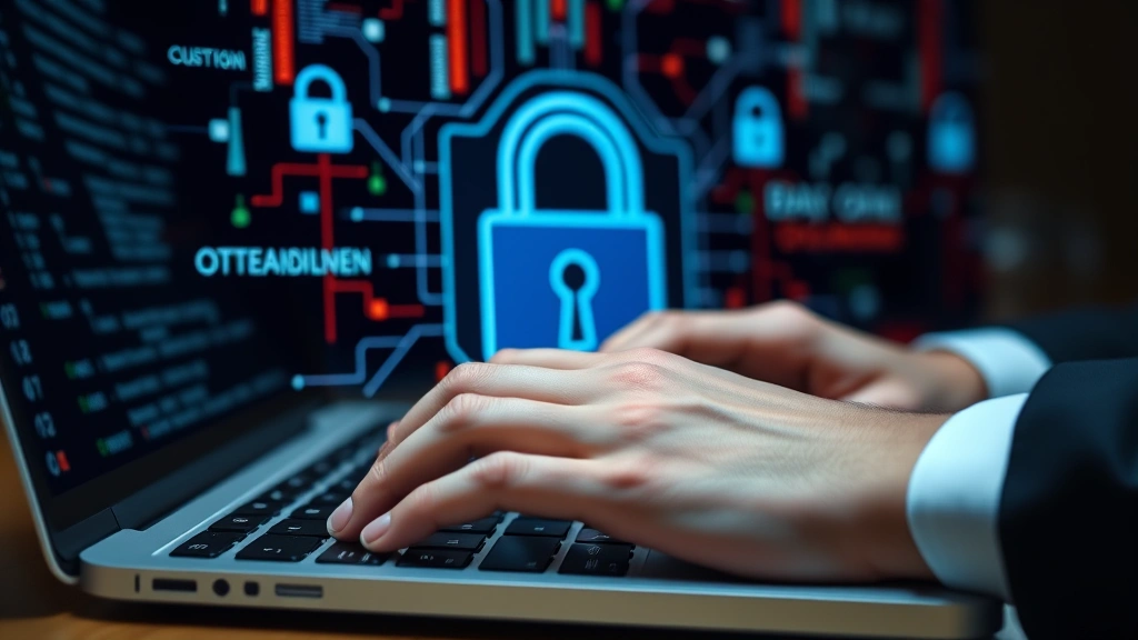 Close-up of hands typing on laptop keyboard with digital lock symbols and encrypted data visualization in background, cybersecurity concept, professional setting