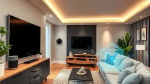 Wide-angle photograph of a modern living room with multiple smart home devices including a smart speaker on shelf, security camera on wall, smart thermostat visible, and smart lighting fixtures, showing a secure home setup with professional cybersecurity overlay effect indicating protection