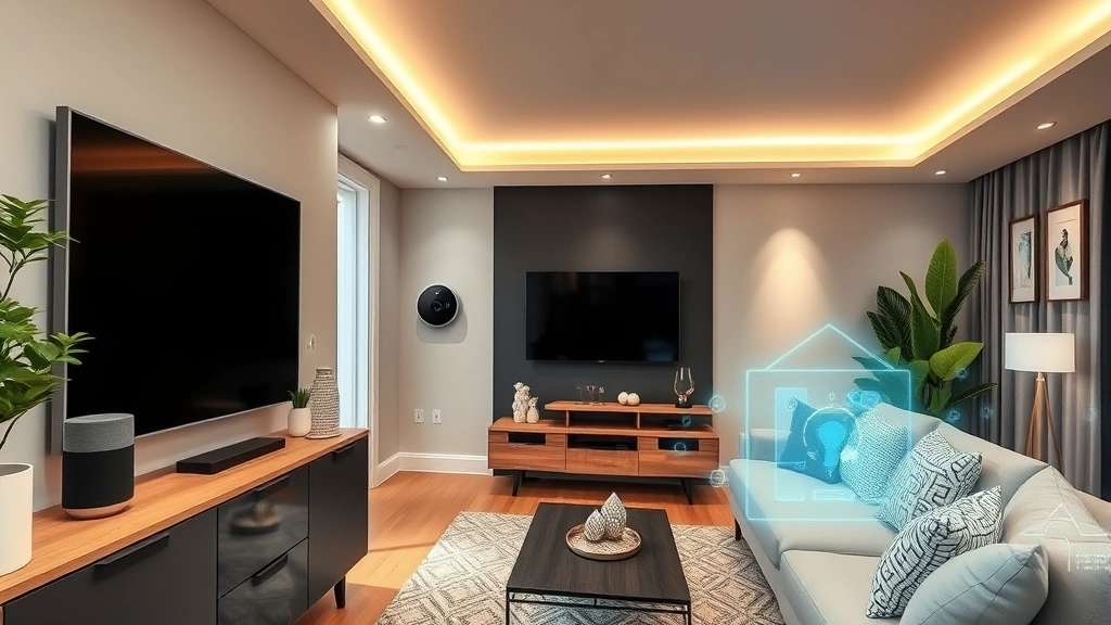 Wide-angle photograph of a modern living room with multiple smart home devices including a smart speaker on shelf, security camera on wall, smart thermostat visible, and smart lighting fixtures, showing a secure home setup with professional cybersecurity overlay effect indicating protection