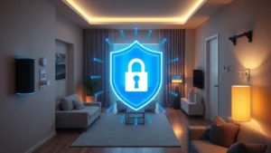 Photorealistic image of a modern home interior with glowing smart home devices including smart speaker, connected lock, and security camera on walls, blue security shield overlay indicating protection and encryption
