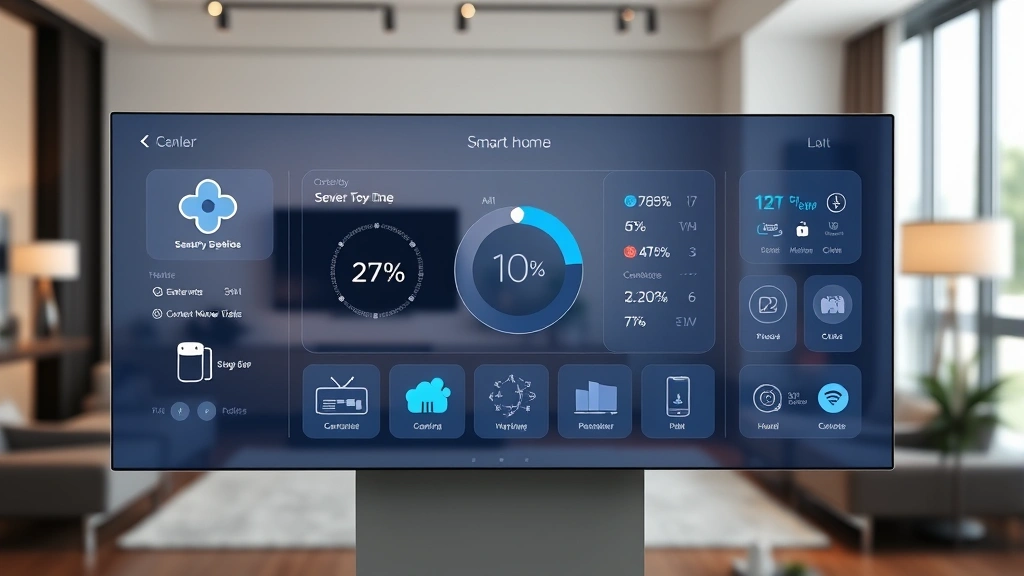 Modern smart home control center with multiple connected devices displayed on a sleek dashboard interface, showing security status indicators and network connectivity symbols, professional indoor setting with contemporary home automation technology