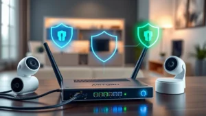 Modern smart home security setup showing a home router with network cables, connected smart devices like cameras and locks, cybersecurity shield overlays, blue and green security indicator lights, sleek contemporary home office environment