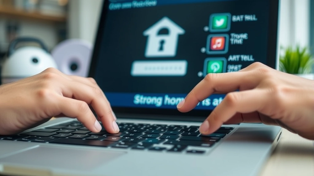 Close-up of hands typing a strong password on a laptop keyboard with blurred smart home devices in background, representing authentication security and password management for connected devices