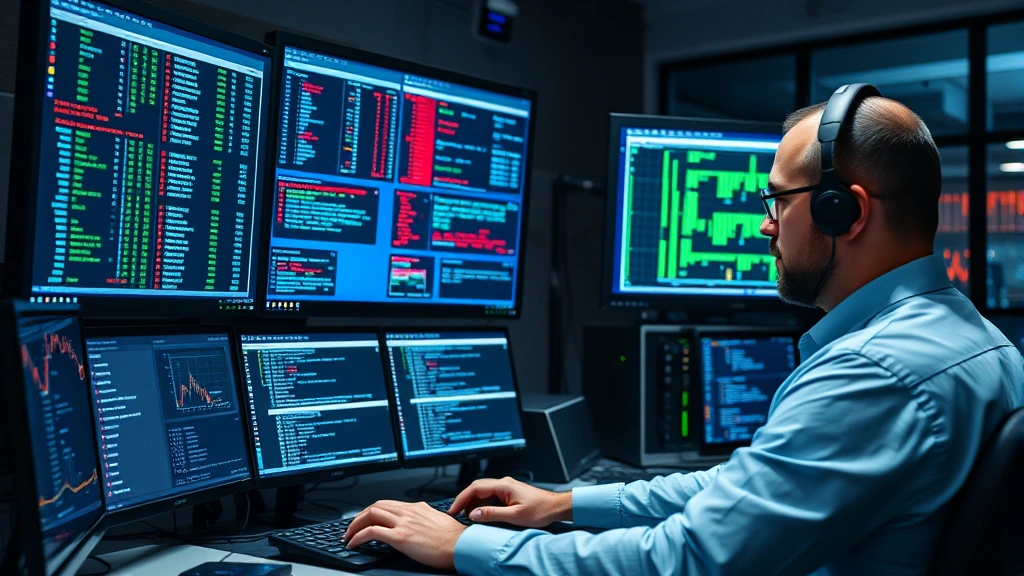 Cybersecurity professional analyzing network traffic data on multiple monitors showing real-time threat detection and device activity logs, secure operations center environment with security monitoring equipment and professional workspace