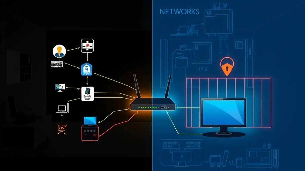 Split-screen visualization showing a home network diagram with router in center, connected devices in one section, and a security barrier or firewall representation between IoT devices and personal computers, illustrating network segmentation concept