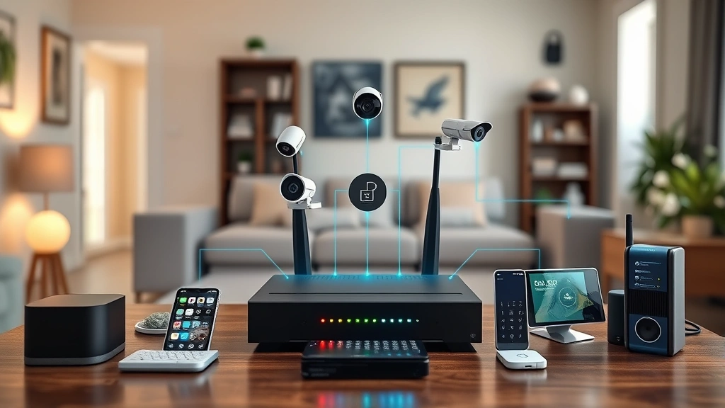 Smart home security implementation showing network router with segmentation setup, security cameras, smart locks, and connected devices arranged to demonstrate layered protection architecture, residential environment with visible network security infrastructure