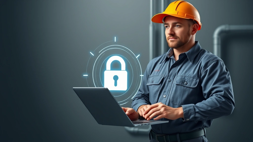 Photorealistic image of a professional plumber in work uniform standing beside a modern laptop and security lock symbol, representing digital business transformation and cybersecurity awareness in the trades