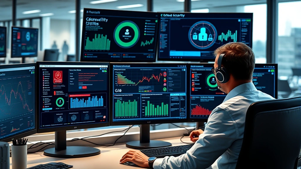 Cybersecurity expert working at computer station with multiple monitors displaying network security dashboards and threat analysis data, professional office environment, photorealistic