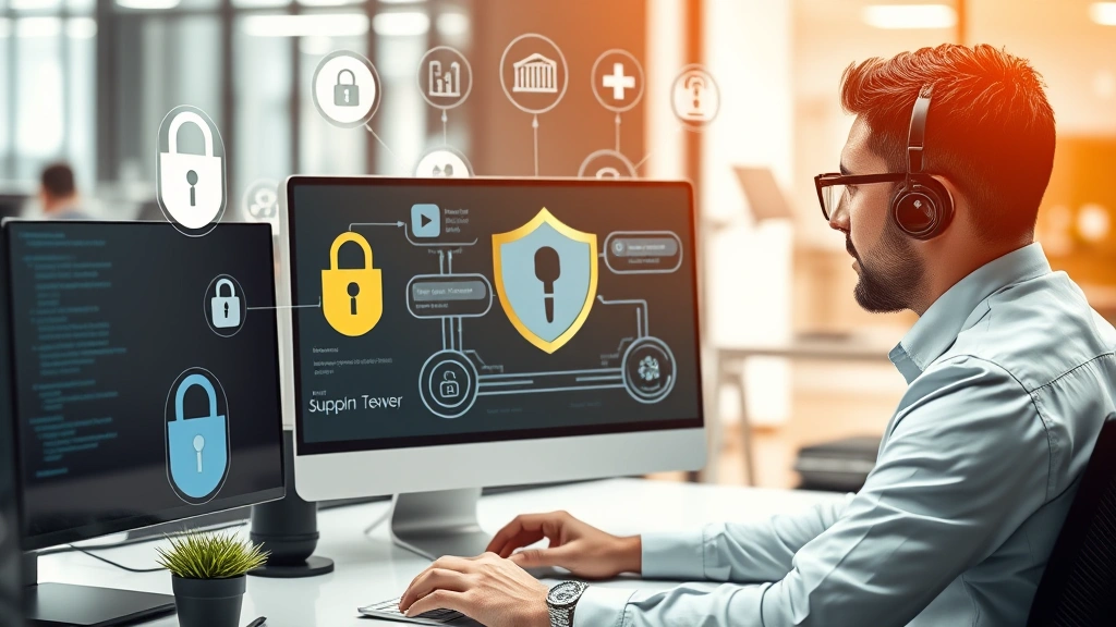 Realistic depiction of a business owner reviewing security protocols on a computer screen surrounded by digital security icons, firewalls, and encryption symbols in a modern office setting