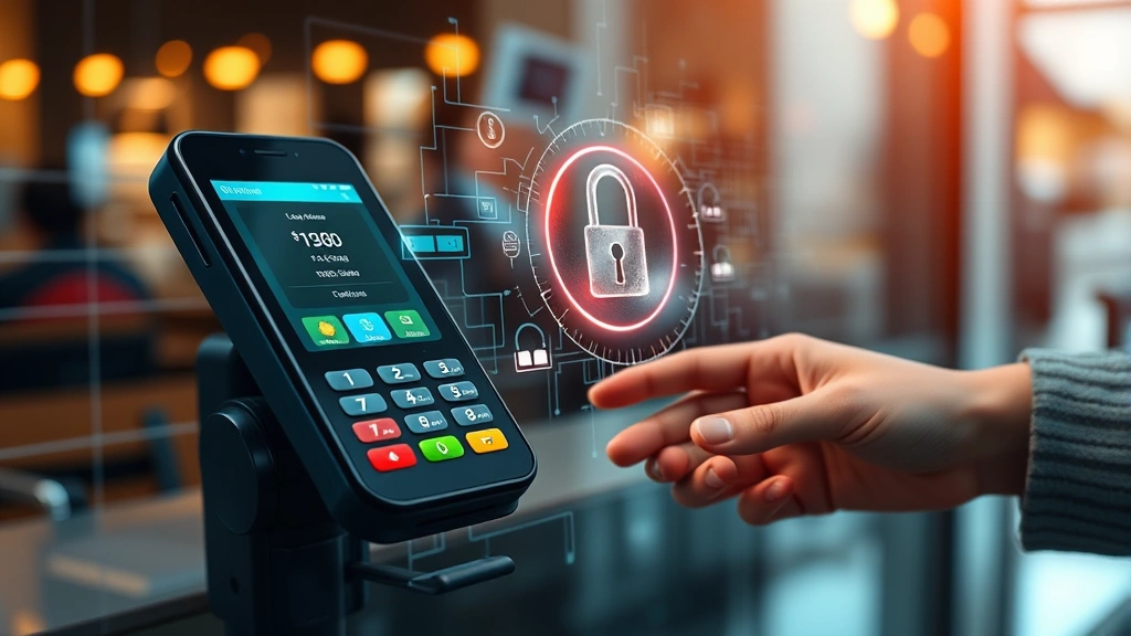 Photorealistic image showing a secure mobile payment terminal and encrypted data transmission visualization, depicting safe financial transaction processing for service-based businesses