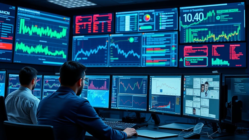 Team of security professionals in command center monitoring security alerts and threat intelligence in real-time, multiple screens showing security metrics, professional environment