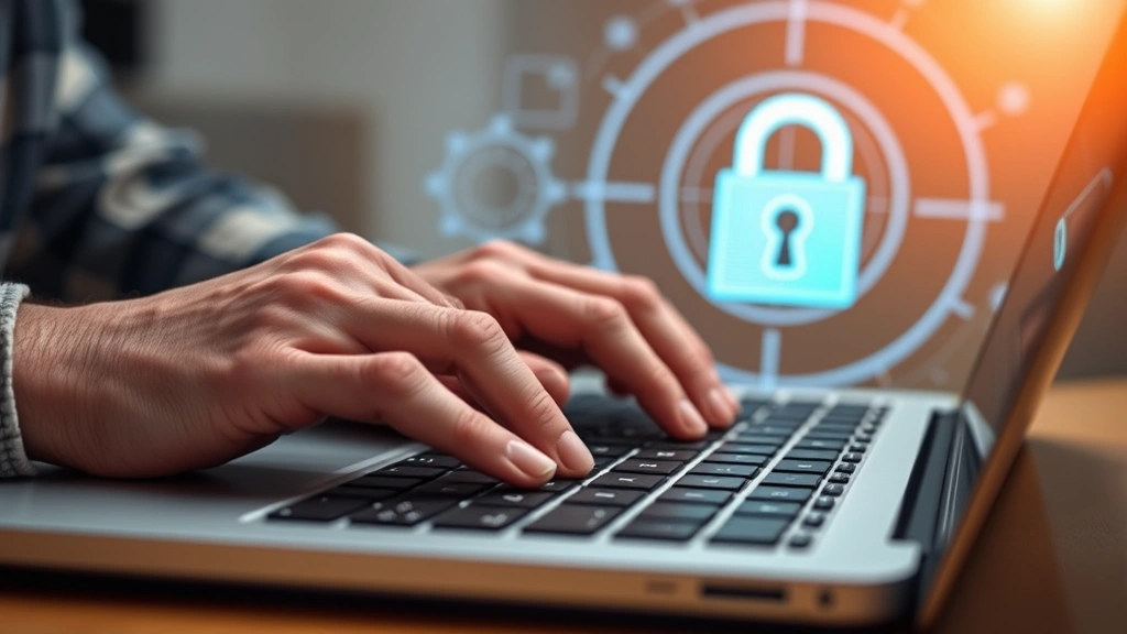 Close-up of senior hands typing on laptop keyboard with security padlock symbol glowing in background, representing digital security and identity protection for older adults
