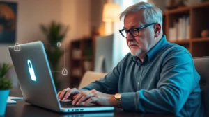 Senior adult working at home on laptop with secure encryption padlock symbol visible, modern home office setting, cybersecurity protection concept, warm lighting, focused expression