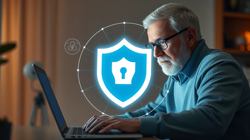 Senior adult using laptop with shield security icon overlay, protecting personal information on screen, warm lighting, focused expression
