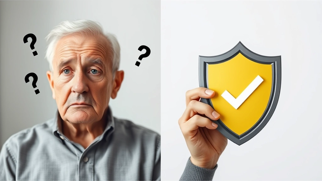 Split-screen showing concerned older adult on left side with question marks, and protected identity shield with checkmark on right side, illustrating security awareness