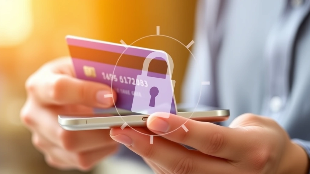 Close-up of hands holding credit card and smartphone with padlock security symbol, representing digital financial protection and identity safeguarding